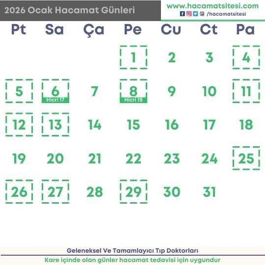 2026 yılı ocak ayı hacamat günleri