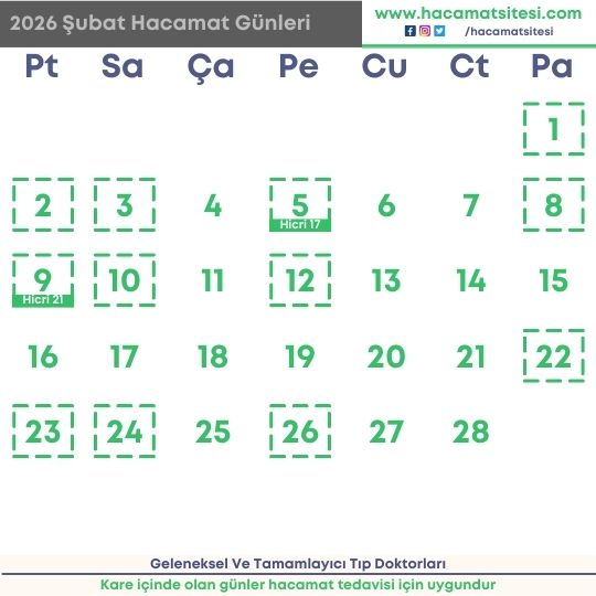 2026 yılı subat ayı hacamat günleri
